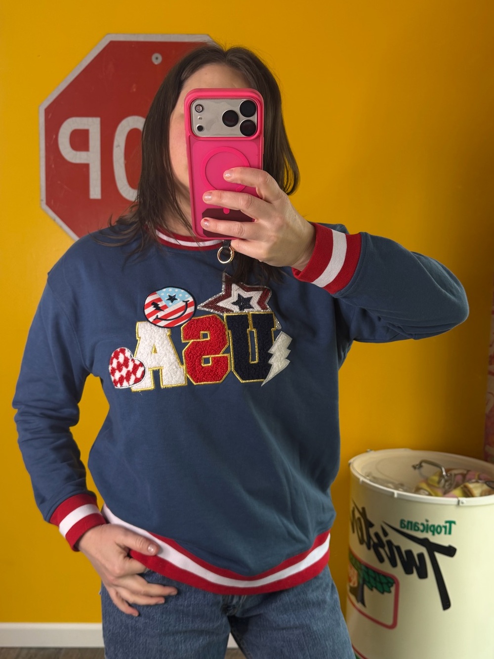 SIMPLY SOUTHERN | SHINING IN THE USA CREW NECK PATCH GRAPHIC SWEATSHIRT IN NAVY